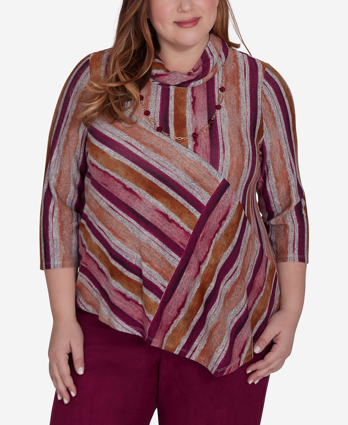 Alfred Dunner Plus Size Wine Country Spliced Stripe With A Detachable Necklace In Multi Red