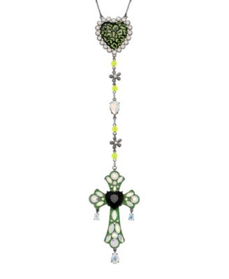 Betsey Johnson Crystal Inlay Cross Pendant Chain Necklace – Multicolor Rhinestone, Antique Gold Tone