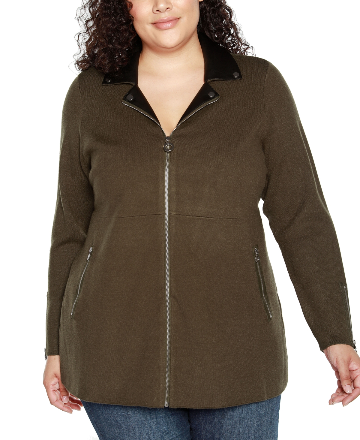 Belldini Plus Size Black Label Collared Sweater Jacket In Burnt Olive,black
