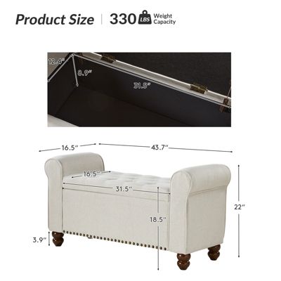 Transitional Carmen 43.7" Wide Storage Bench with Sturdy Wood Legs