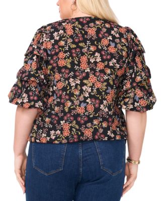 Vince Camuto Women's Plus Size Printed V-Neck Bubble Sleeve