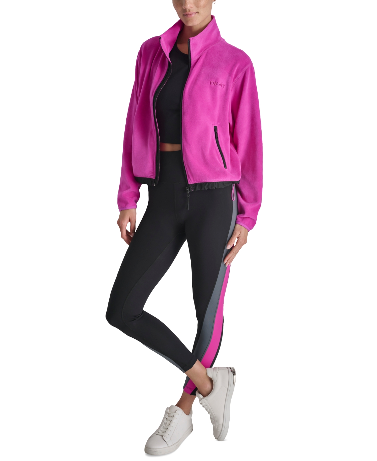 Dkny Women's Mock Neck Full Zip Jacket with Woven Piecing