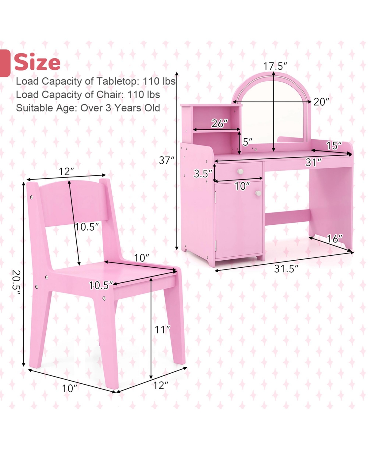 Costway Kid Vanity Table Chair Set 2-Color Led Lights Drawer Shelf Cabinet