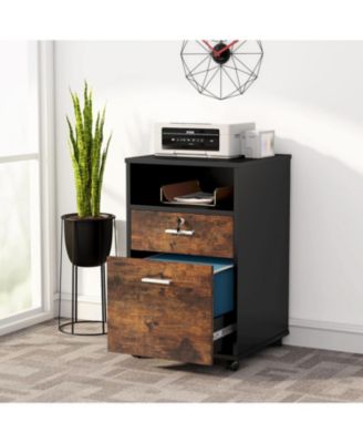 Mobile File Cabinet with Lock, 2 Drawer Wood Filing Cabinet for Letter Size, Modern Printer Stand with Rolling Wheels Open Storage Shelf for Home Office