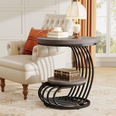Round End Table: 2 Tiers Faux Marble Side Table, Bedside Nightstand, Metal Arc-Shaped Frame Accent Table