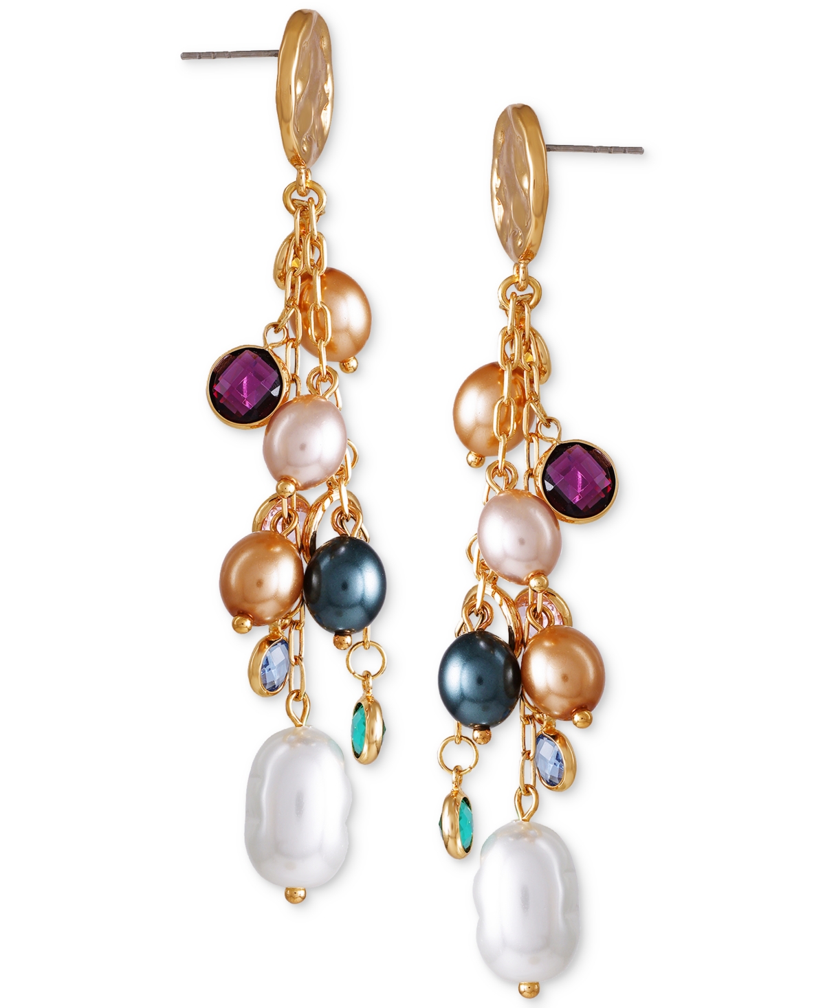 Guess Gold-tone Crystal & Imitation Pearl Linear Drop Earrings In Gold