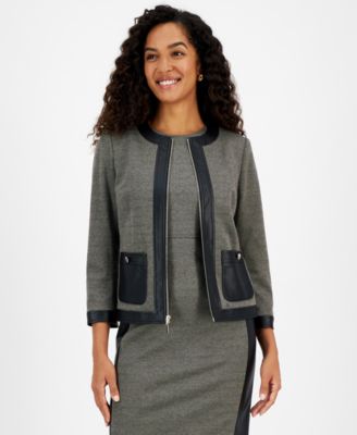 Kasper - Women's Faux-Leather-Trim Herringbone Jacket