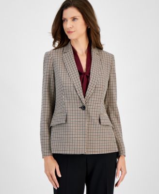 Kasper - Petite Houndstooth One-Button Long-Sleeve Blazer