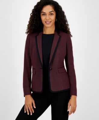 Kasper - Petite Plaid Contrast-Trim One-Button Blazer