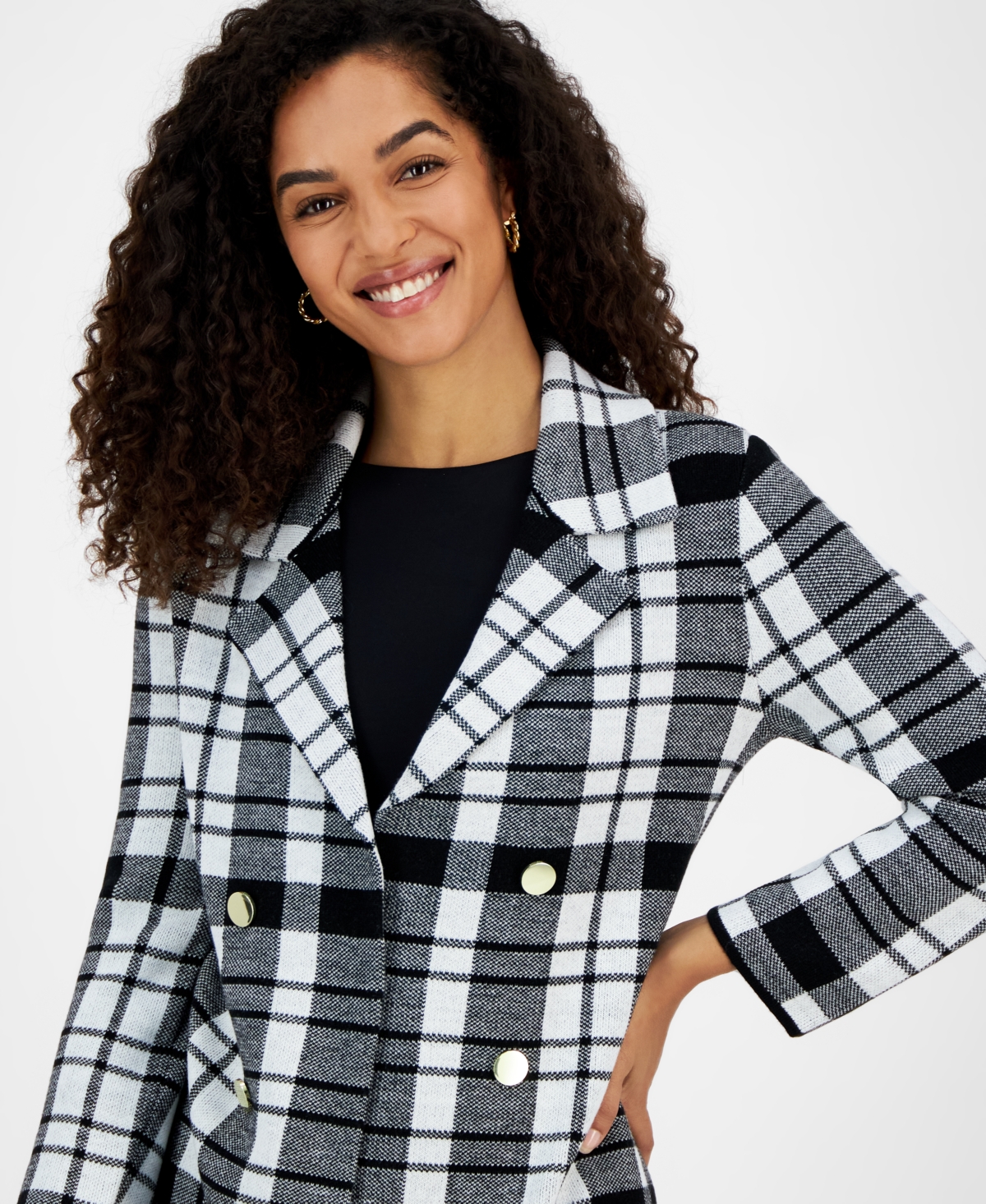 Kasper Women's Plaid Faux-Button Cardigan -Black