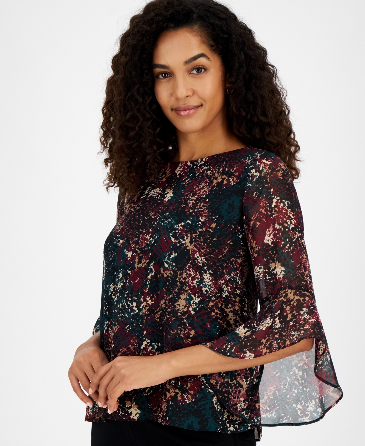 Kasper Women's Floral-Print Bell-Sleeve Ruffle Blouse