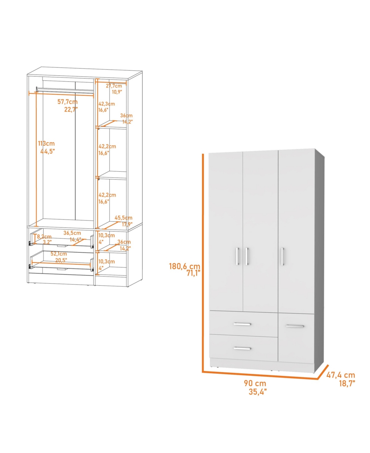 Fm Furniture Douglas Armoire in melamine, two drawers, hanging rod and 4 doors.