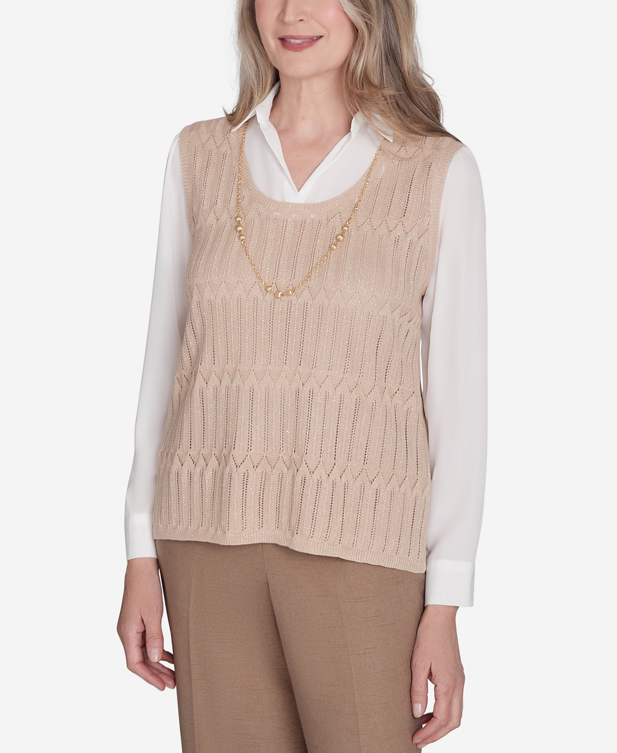 Alfred Dunner Plus Size Emerald Isle Two In One Textured Sweater Vest With A Detachable Necklace In Cashew
