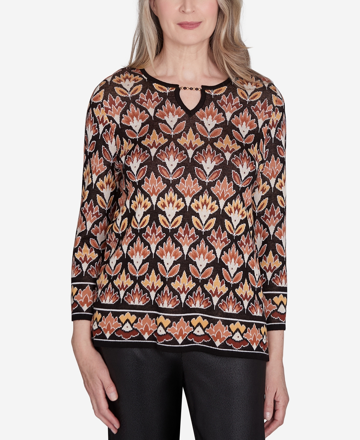 Alfred Dunner Plus Size Rue Rivoli Medallion Beaded Split Neck Sweater In Neutral Multi