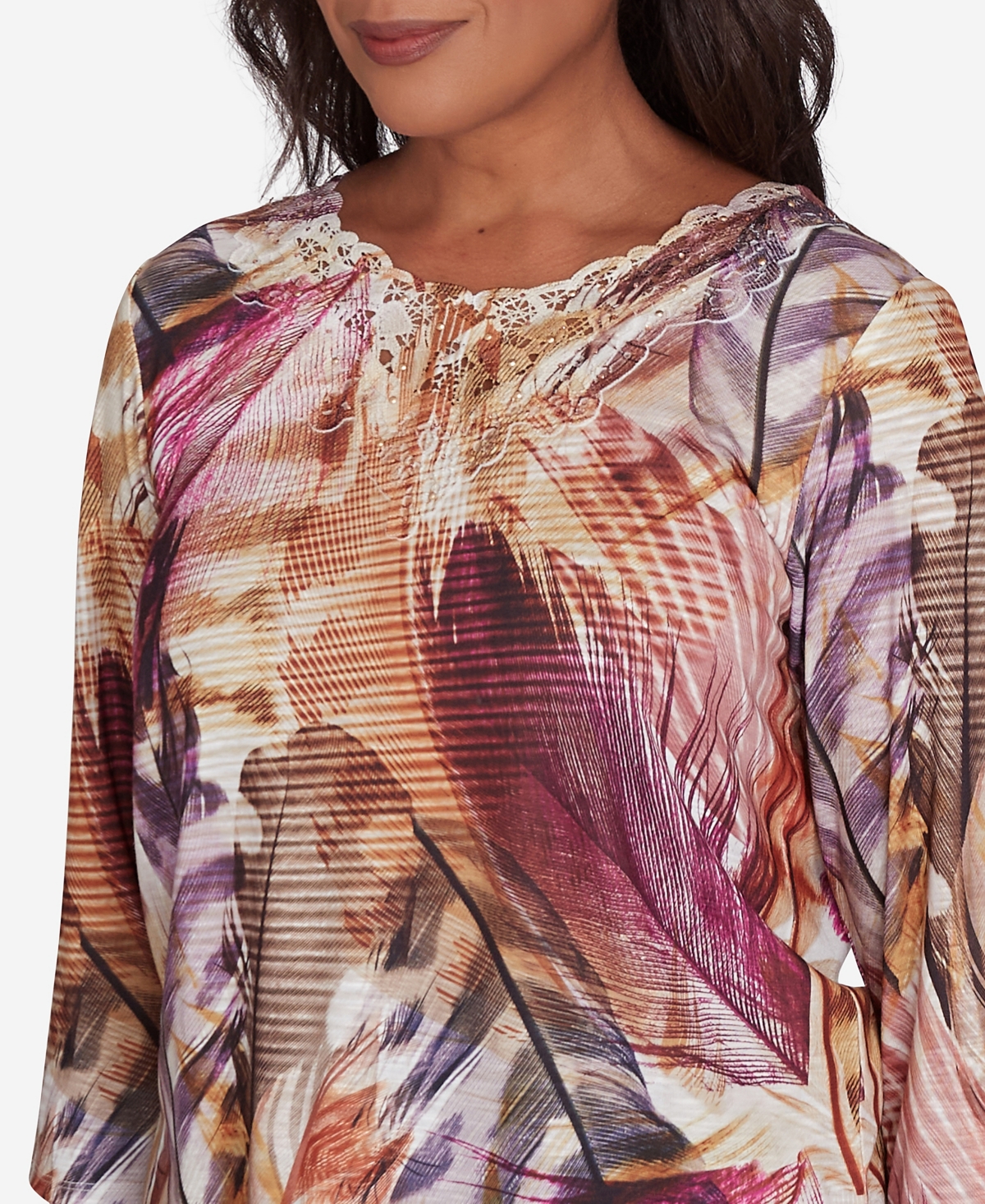Alfred Dunner Women's Wine Country Feathers Lace Detailed Crew Neck Top