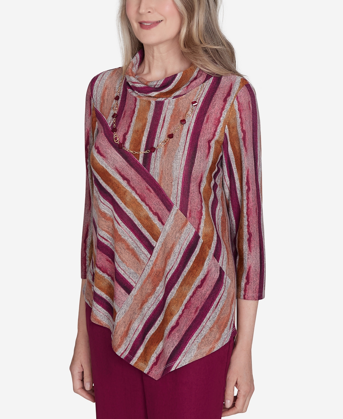 Alfred Dunner Plus Size Wine Country Spliced Stripe With A Detachable Necklace In Multi Red
