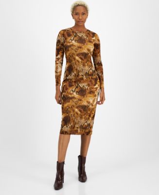 Bar III Women's Printed Round-Neck Long-Sleeve Midi Dress, Created for  Macy's - Macy's