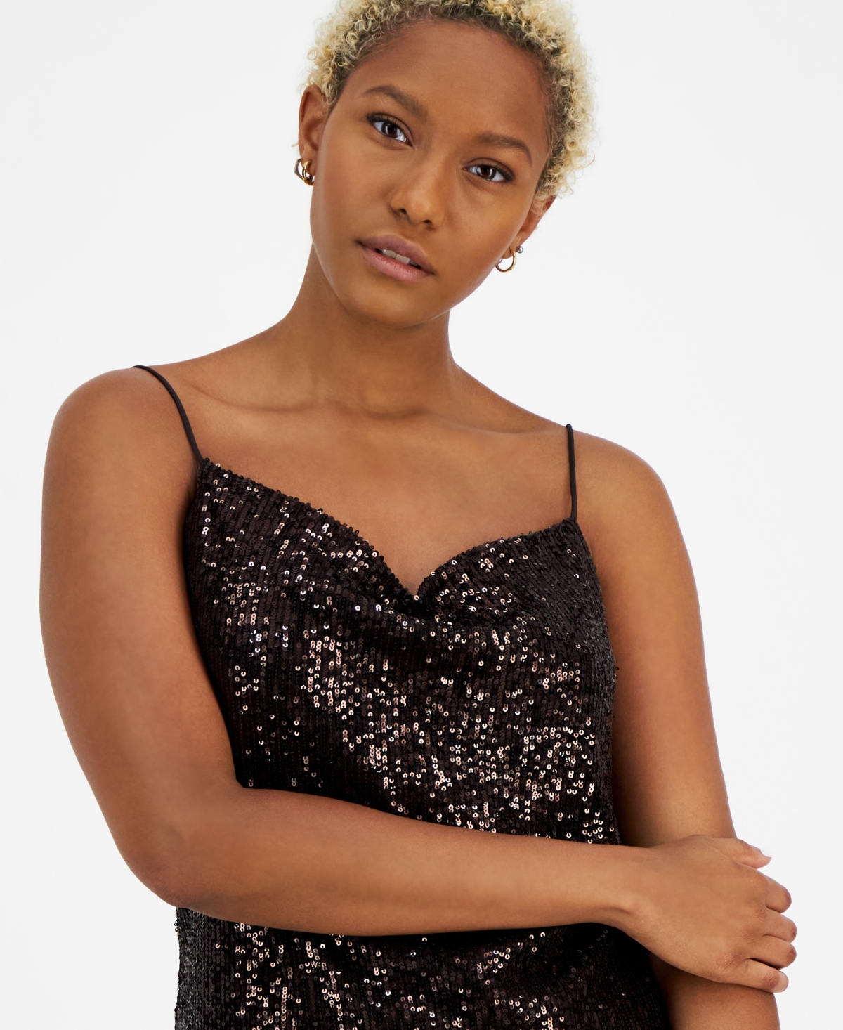 Bar Iii Women's Drape-Neck Sleeveless Sequin Tank Top, Created for Macy's