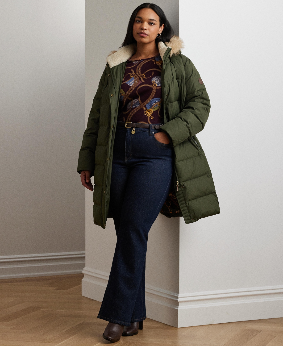 Ralph Lauren Plus Size Faux-fur-trim Hooded Puffer Coat In Green