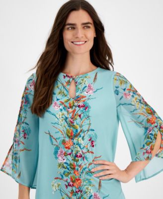 JM Collection - Petite Keyhole-Neck Placement-Print Top