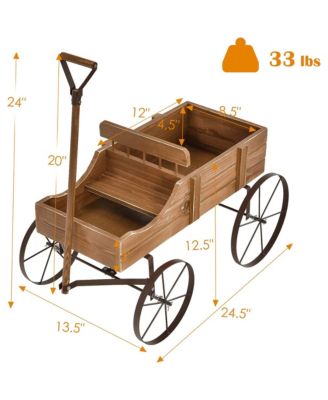 Wooden Wagon Plant Bed with Metal Wheels for Garden Yard Patio