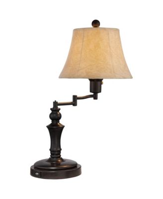 Corey Traditional Natural Cottage Swing Arm Desk Table Lamp with Hotel Style USB Charging Port 21.75" High Bronze Metal Faux Leather Bell Shade Living Room Bedroom House Bedside - Regency Hill