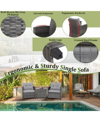 3PCS Patio Rattan Sofa Set Outdoor Wicker Conversation Set Glass Tabletop w/ Grey Cushion