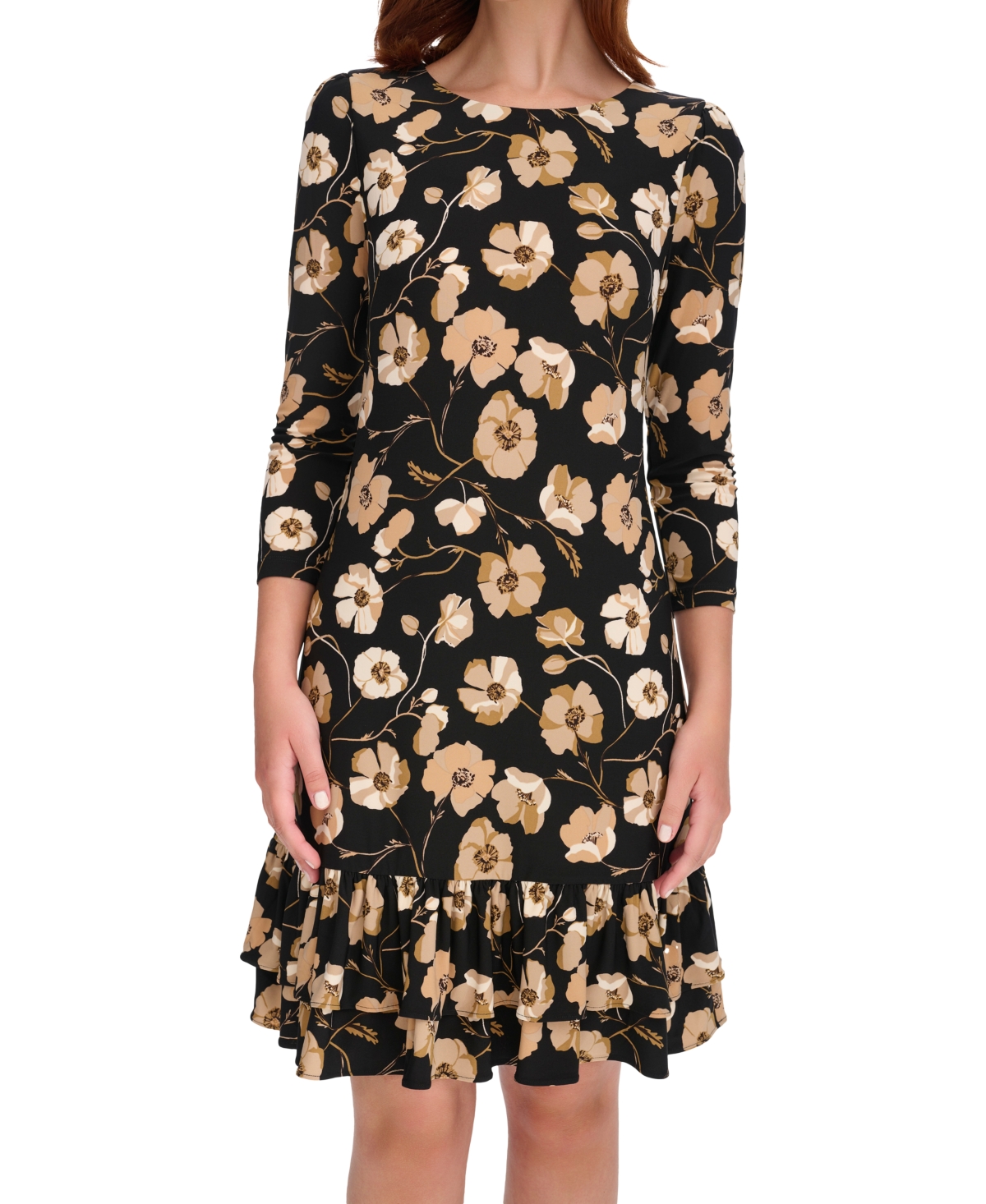 Tommy Hilfiger Petite Printed Round-Neck Ruffle-Hem Shift Dress