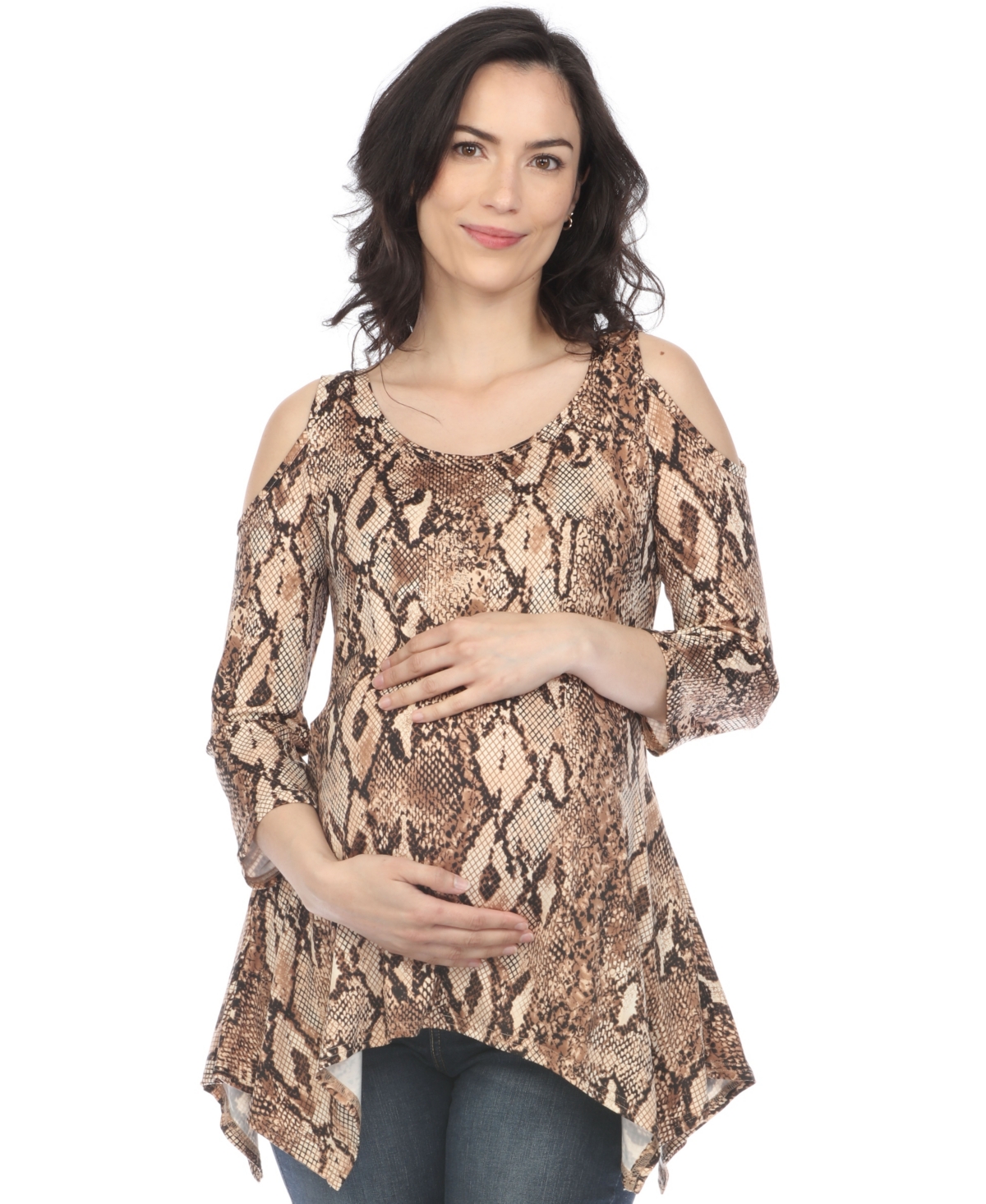 WHITE MARK MATERNITY SNAKE PRINT COLD SHOULDER TUNIC 