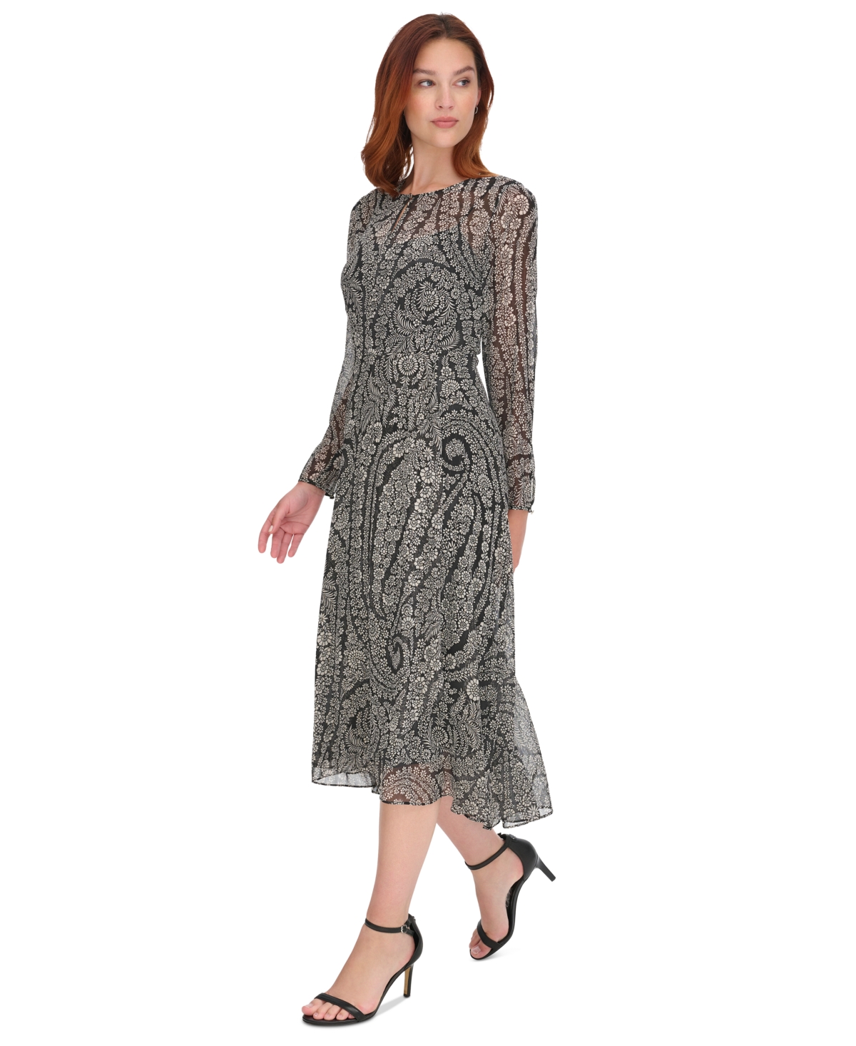Tommy Hilfiger Women's Printed Long-Sleeve Fit & Flare Dress -pearl