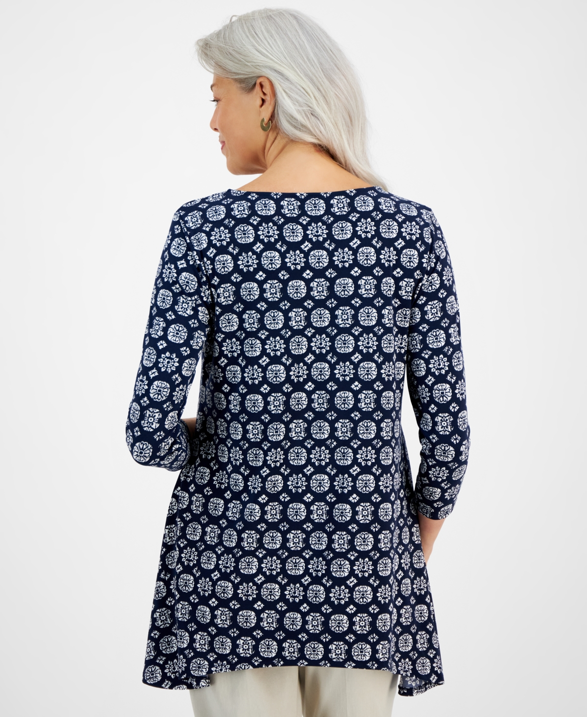 Jm Collection Petite Isabel Geometric Knit Swing Top, Created For Macy's In Intrepd Blue Cb