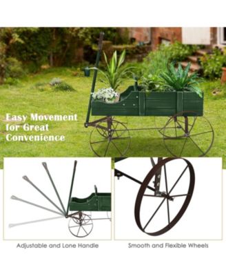 Wooden Wagon Plant Bed with Metal Wheels for Garden Yard Patio