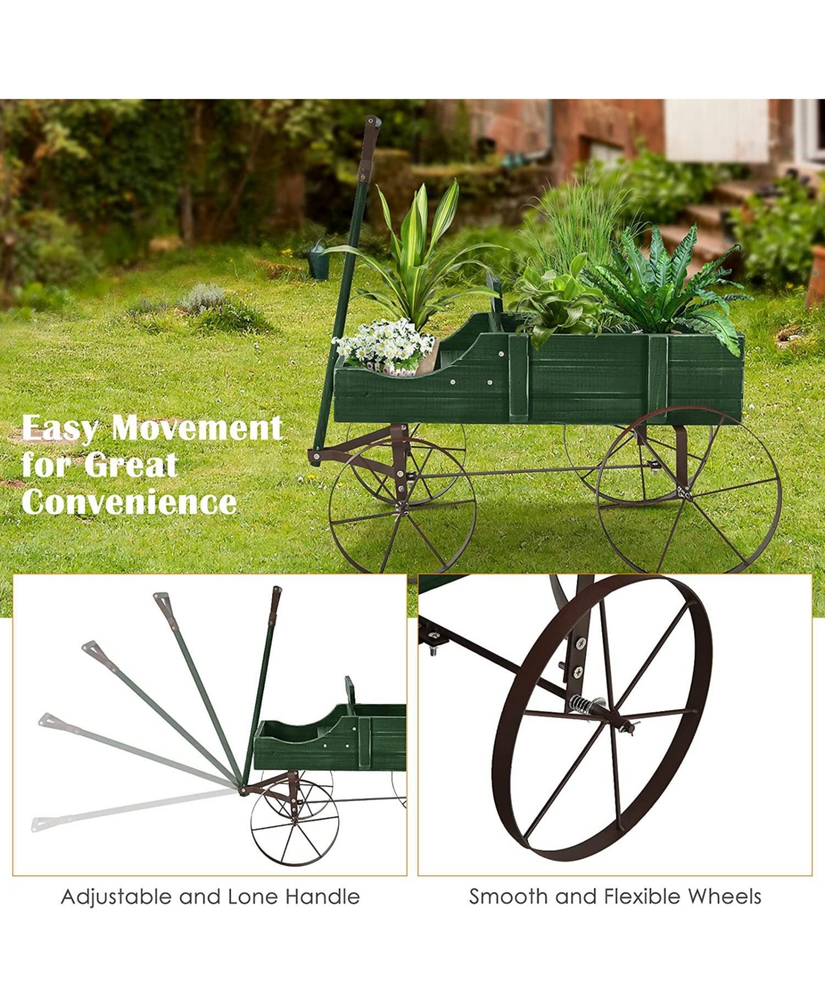 Sugift Wooden Wagon Plant Bed with Metal Wheels for Garden Yard Patio