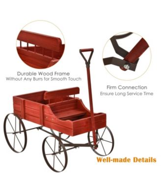 Wooden Wagon Plant Bed with Metal Wheels for Garden Yard Patio