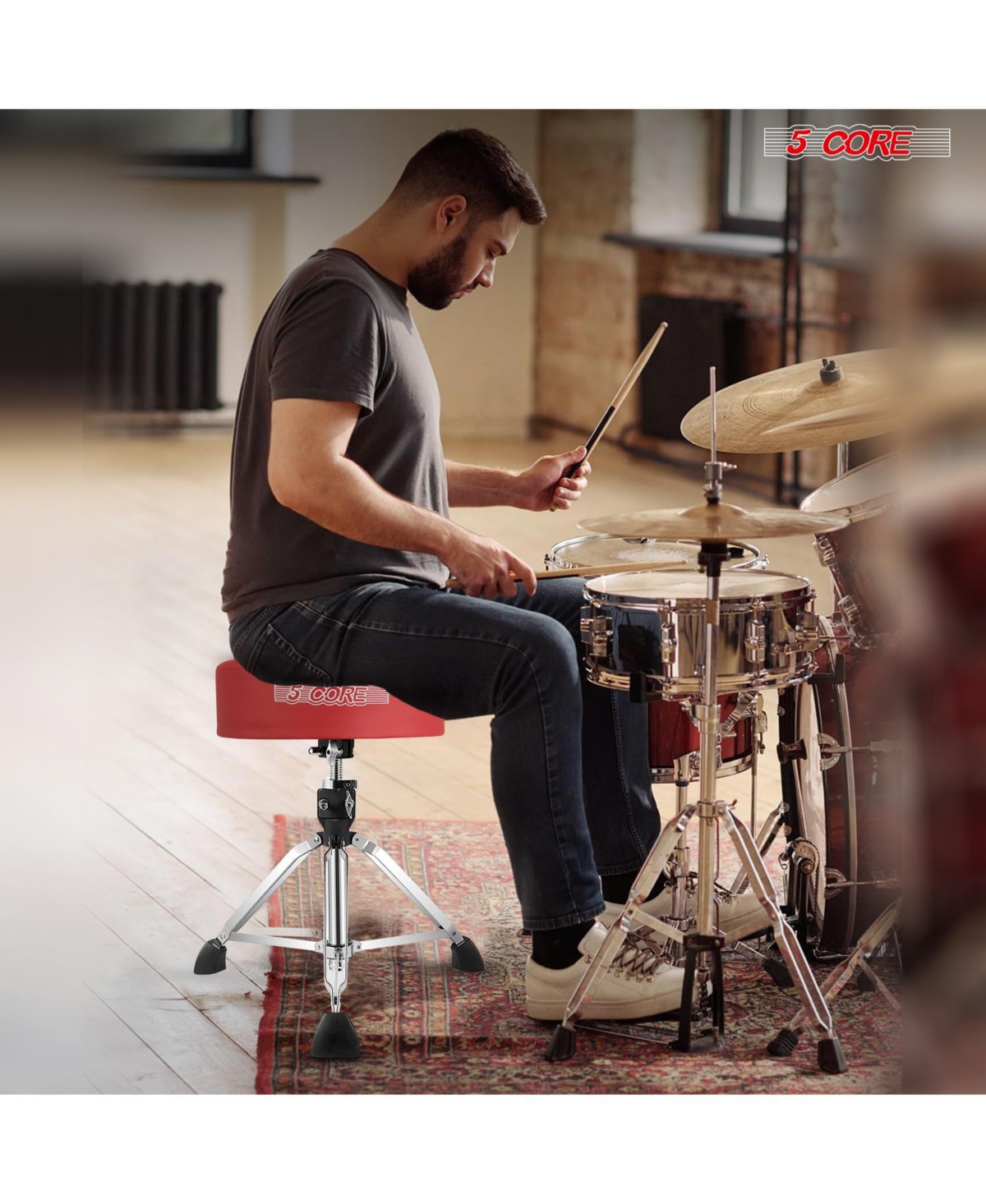 5 Core Drum Throne Comfortable Height Adjustable Stool Thick Padded Seat Professional Heavy Duty Musician Drummer Chair lbs Capacity for Adults An