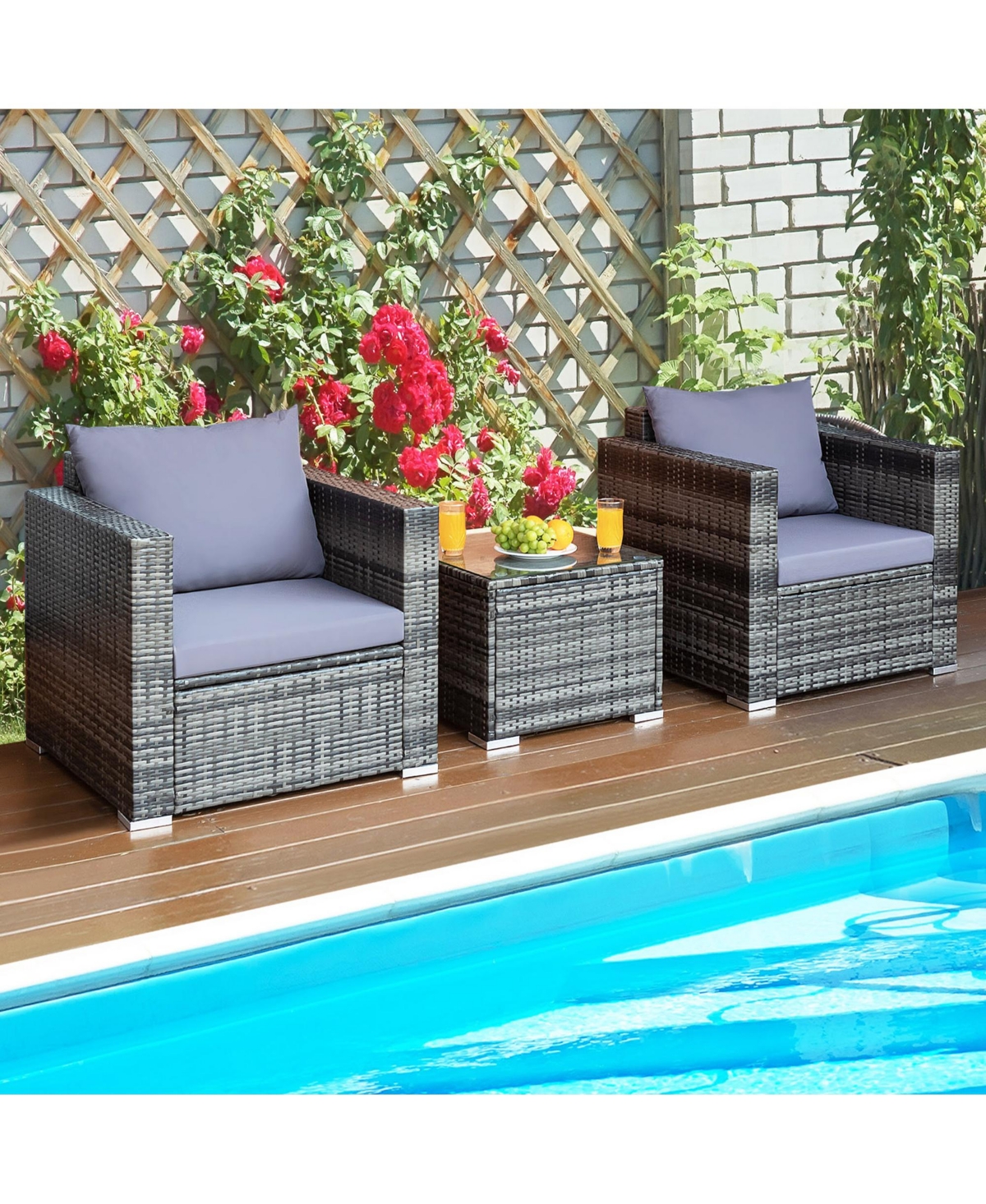 Gymax 3PCS Rattan Patio Conversation Set Outdoor Furniture Set w/ Table Cushion