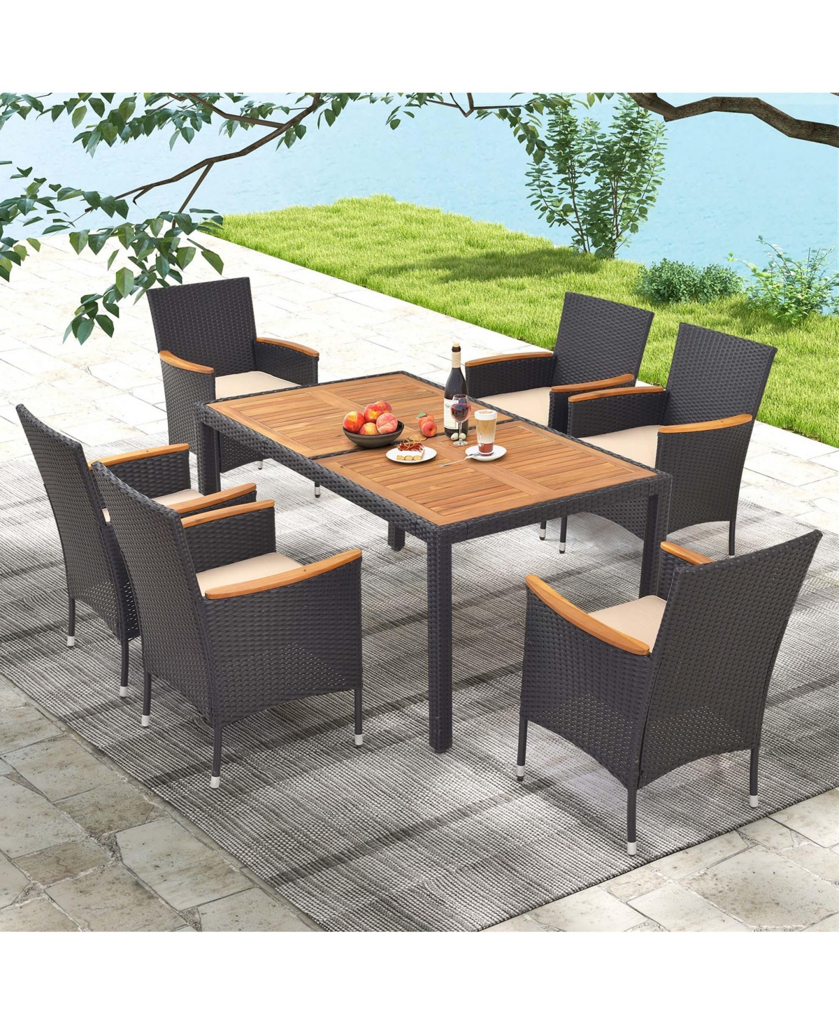 7 Pcs Outdoor Dining Set for 6 with Umbrella Hole Acacia Wood Tabletop Poolside