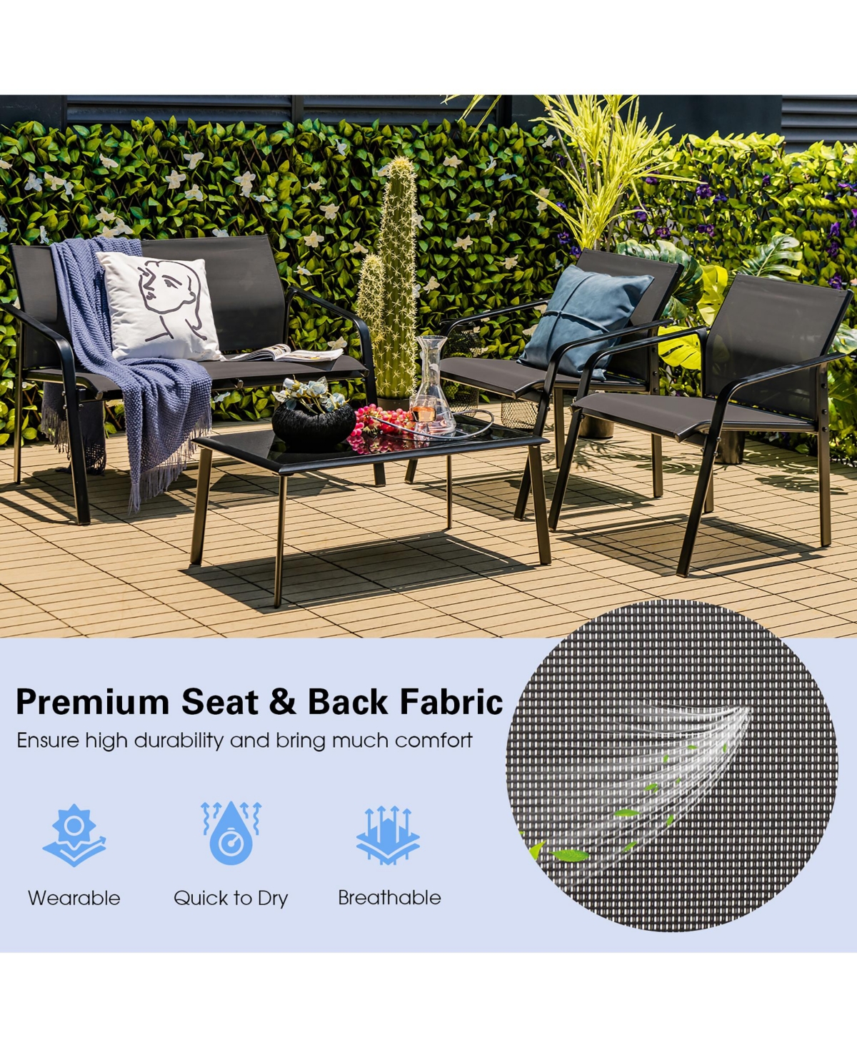 Gymax 4PCS Patio Conversation Futniture Set w/ Fabric and Anti-Rust Steel Frame Grey