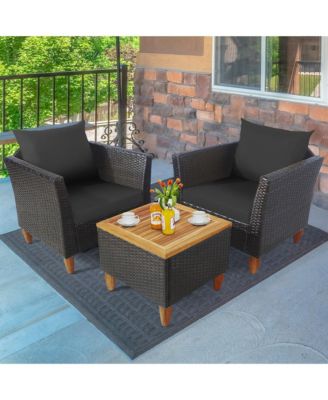 3PCS Patio Furniture Set Conversation Bistro Set w/ Acacia Wood & Cushions Black