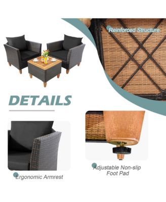 3PCS Patio Furniture Set Conversation Bistro Set w/ Acacia Wood & Cushions Black