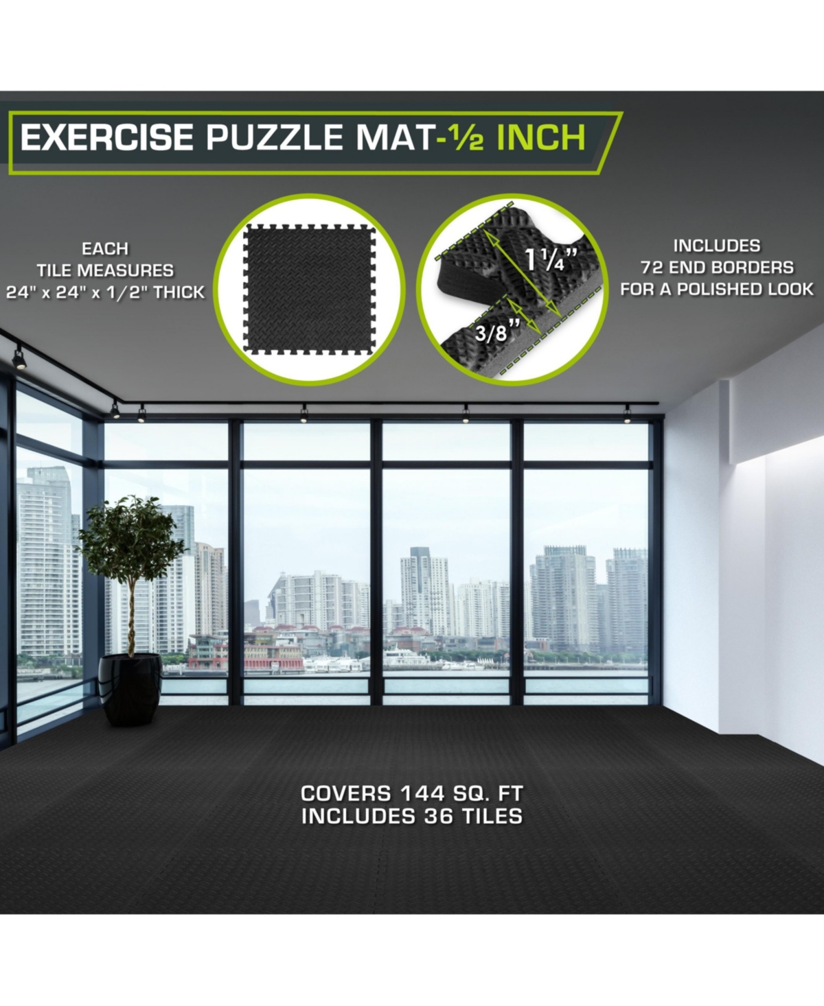 ProsourceFit Exercise Puzzle Mat 1/2-in, 144 Sq Ft - 36 Tiles - Black