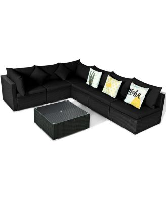 7 Pieces Sectional Wicker Furniture Sofa Set with Tempered Glass Top-Black