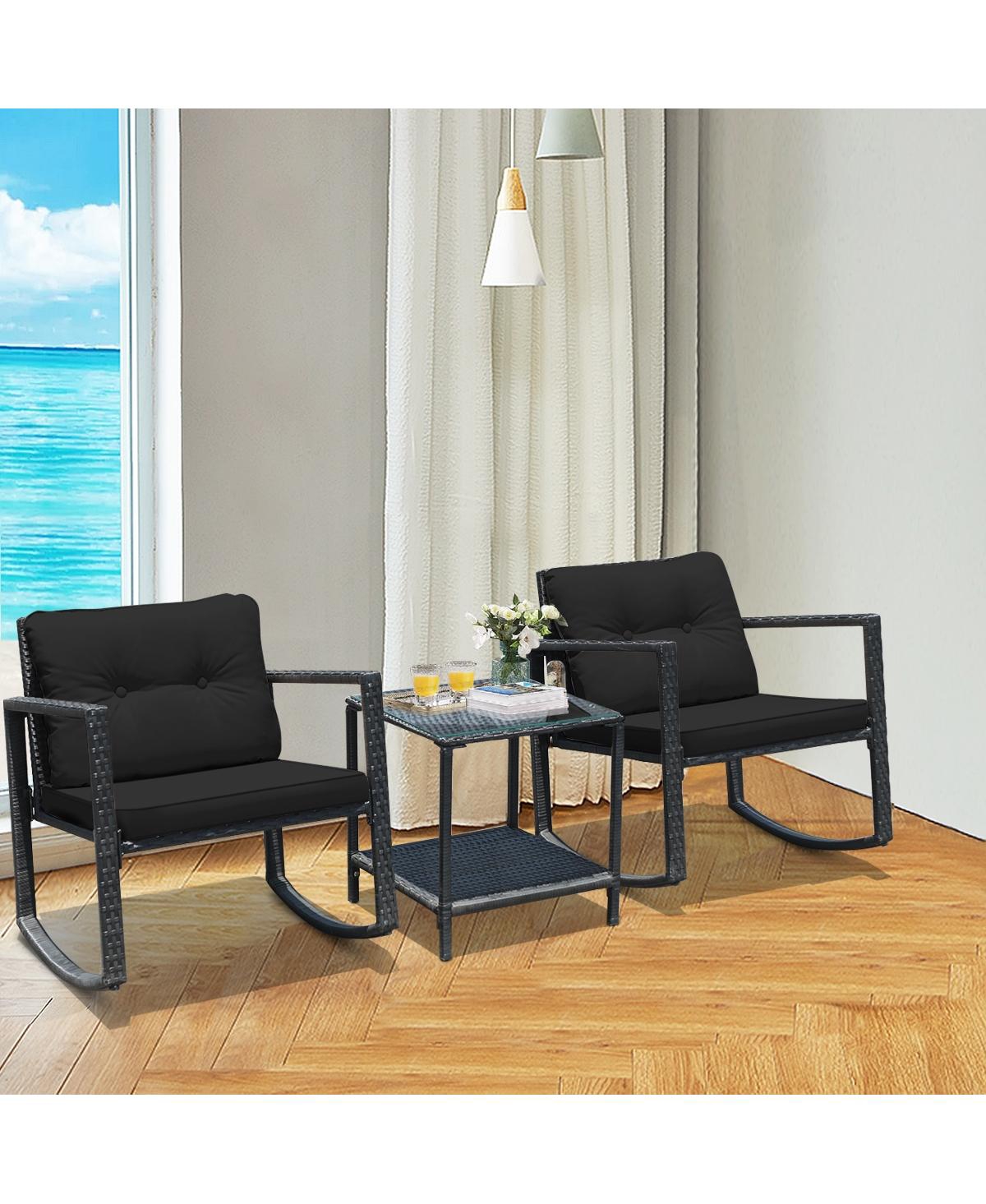 Sugift 3 Pieces Cushioned Patio Rattan Set with Rocking Chair and Table- Black