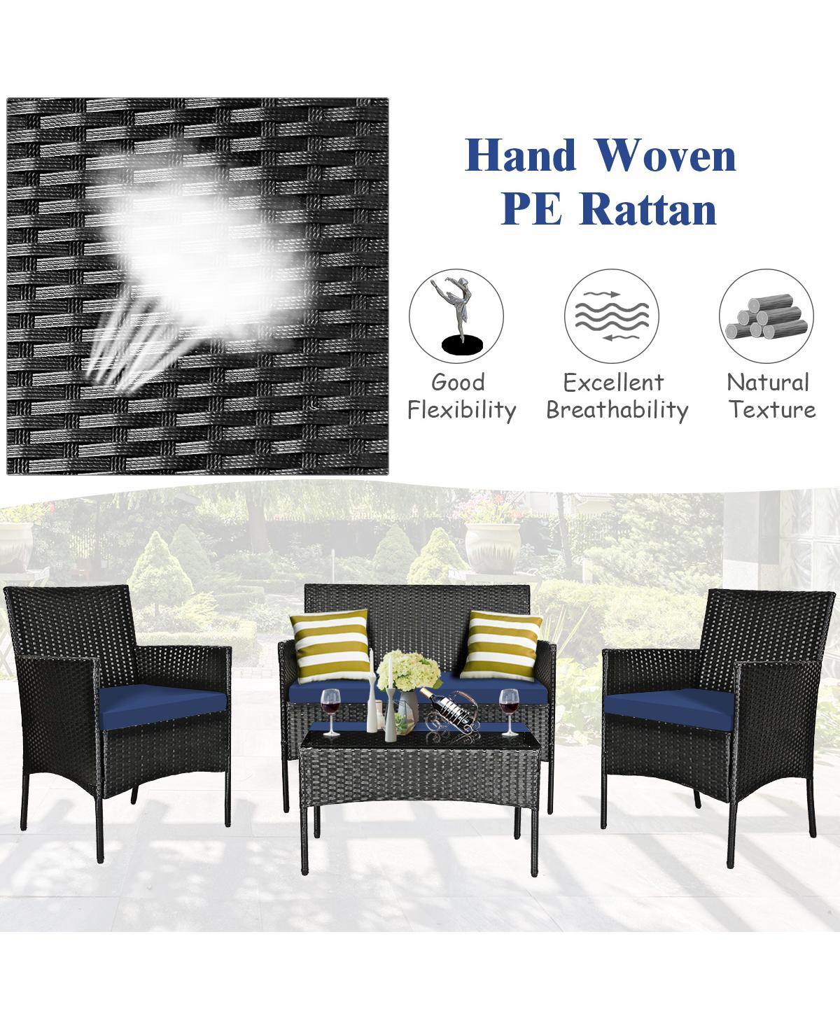 Sugift 4 Pieces Patio Rattan Cushioned Sofa Set with Tempered Glass Coffee Table& Off White - Navy
