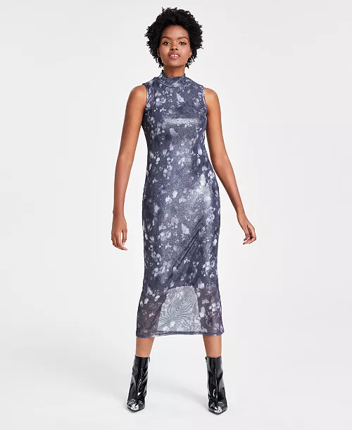 women's foil mesh mock neck sleeveless midi dress, created for macy's