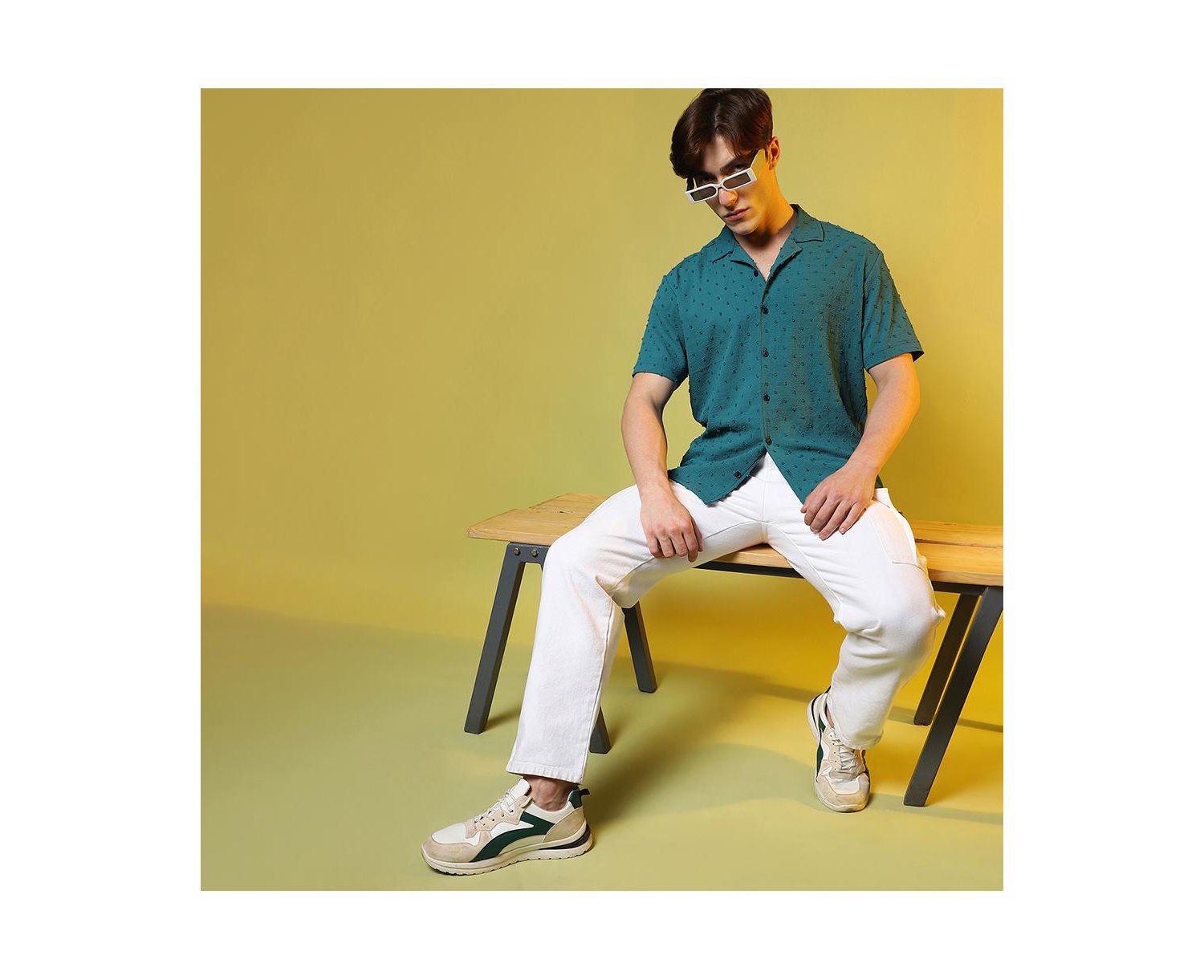 Men's Teal Green Self-Design Pom-Pom Shirt
