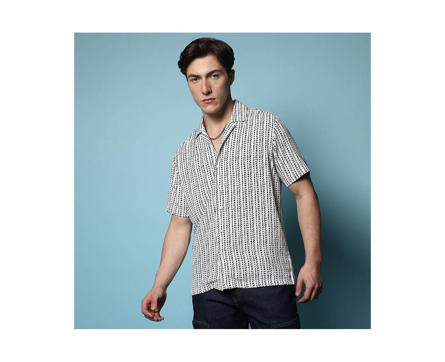 Men's Ivory White Dot Lined Shirt