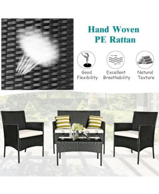 4 Pieces Patio Rattan Cushioned Conversation Sets with Tempered Glass Coffee Table