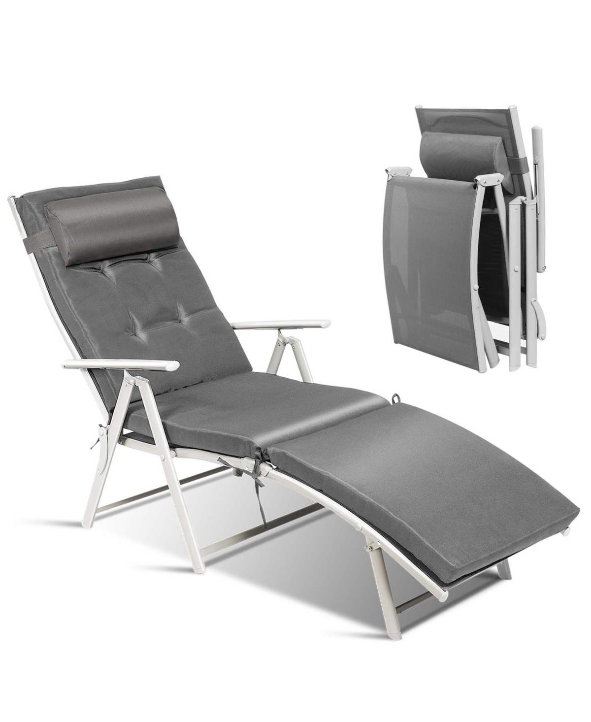 Adjustable Outdoor Lightweight Folding Chaise Lounge Chair with Pillow-Grey - Grey
