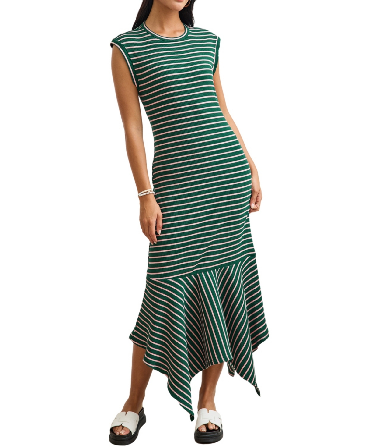 Women's Striped Ribbed Flowy Maxi Beach Dress - Dark green